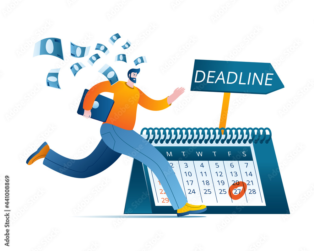 Aufkleber a man with a laptop is running fast against the background of a calendar and an arrow with an inscri