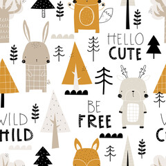 Vector hand-drawn colored childrens seamless repeating pattern with cute bear, rabbit, fox, deer, trees, lettering on a white background. Creative kids forest texture for fabric, wallpaper, apparel.