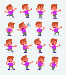 Cartoon character white little boy. Set with different postures, attitudes and poses, doing different activities in isolated vector illustrations