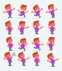Cartoon character white little boy. Set with different postures, attitudes and poses, doing different activities in isolated vector illustrations