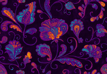 Paisley watercolor floral pattern tile: flowers, flores, tulips, leaves. Oriental indian traditional hand painted water color whimsical seamless print, ceramic design. Abstract india batik background