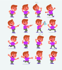 Cartoon character white little boy. Set with different postures, attitudes and poses, doing different activities in isolated vector illustrations