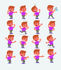 Cartoon character white little boy. Set with different postures, attitudes and poses, doing different activities in isolated vector illustrations