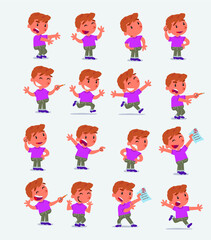Cartoon character white little boy. Set with different postures, attitudes and poses, doing different activities in isolated vector illustrations