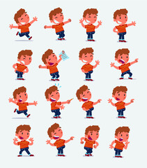 Cartoon character white little boy. Set with different postures, attitudes and poses, doing different activities in isolated vector illustrations