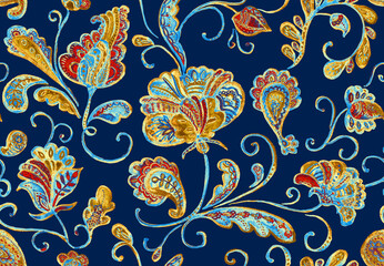 Paisley watercolor floral pattern tile: flowers, flores, tulips, leaves. Oriental indian traditional hand painted water color whimsical seamless print, ceramic design. Abstract india batik background
