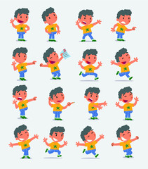 Cartoon character white little boy. Set with different postures, attitudes and poses, doing different activities in isolated vector illustrations