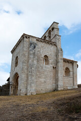 Fototapeta na wymiar View of the main entrance of San Pantaleon de Losa church, seen from the bottom.Burgos, Merindades, Spain, Europe