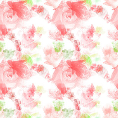 Abstract seamless red toned rose flower with leafs pattern illustration on white background.