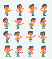 Cartoon character white little boy. Set with different postures, attitudes and poses, doing different activities in isolated vector illustrations
