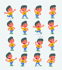 Cartoon character white little boy. Set with different postures, attitudes and poses, doing different activities in isolated vector illustrations