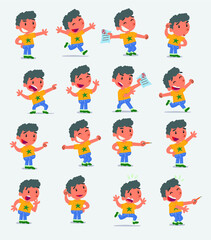 Cartoon character white little boy. Set with different postures, attitudes and poses, doing different activities in isolated vector illustrations