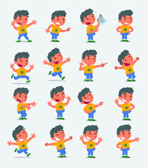 Cartoon character white little boy. Set with different postures, attitudes and poses, doing different activities in isolated vector illustrations