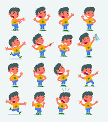 Cartoon character white little boy. Set with different postures, attitudes and poses, doing different activities in isolated vector illustrations