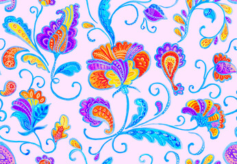 Paisley watercolor floral pattern tile: flowers, flores, tulips, leaves. Oriental indian traditional hand painted water color whimsical seamless print, ceramic design. Abstract india batik background