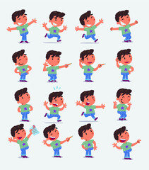 Cartoon character white little boy. Set with different postures, attitudes and poses, doing different activities in isolated vector illustrations