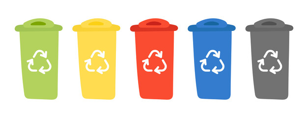 Recycle bins with recycle symbol. Containers for recycling waste sorting - plastic, glass, metal, paper, organic garbage. Hand drawn flat Vector illustration isolated on white background.