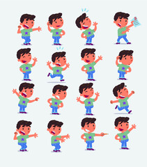 Cartoon character white little boy. Set with different postures, attitudes and poses, doing different activities in isolated vector illustrations