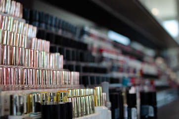 Closeup of nail polishes at a beauty salon.