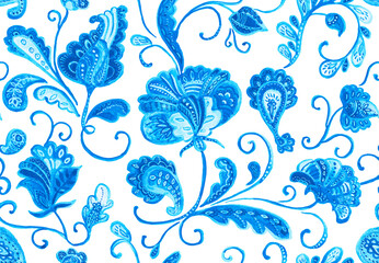 Fototapeta premium Paisley watercolor floral pattern tile: flowers, flores, tulips, leaves. Oriental indian traditional hand painted water color whimsical seamless print, ceramic design. Abstract india batik background