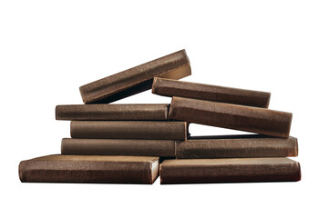 Isolated photo of old fashioned stack of books on white background, side view.