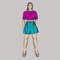 Pants and shorts with a jacket, top, blouse. Girl, doll with a set of clothes. Capsule basic wardrobe for a woman. Minimalism. Fashion. Big cupboard. Isolated vector objects.