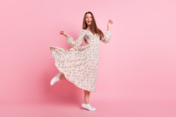 Full length body size photo pretty girl dancing laughing in summer isolated pastel pink color background