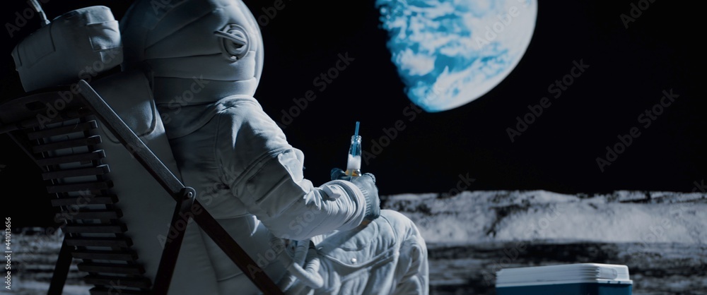 Wall mural back view of lunar astronaut opens a beer bottle while resting in a beach chair on moon surface, enj