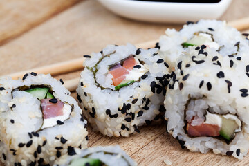 sushi made from rice and trout or salmon, Asian food