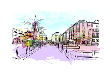 Gebäudeansicht mit Wahrzeichen von Gelsenkirchen ist eine Stadt im Westen Deutschlands. Aquarellspritzer mit handgezeichneter Skizzenillustration im Vektor. © dhanu3182