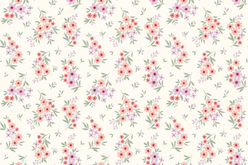 Vector seamless pattern. Pretty pattern in small flowers. Small pink coral and lilac flowers. White  background. Ditsy floral background. The elegant the template for fashion prints.