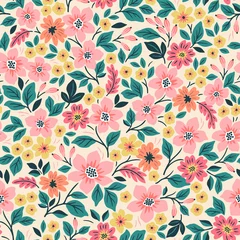 Gardinen Blumen Muster  Cute floral pattern in the small flowers. Seamless vector texture. Elegant template for fashion prints. Printing with small pink and yellow flowers. White  background.  © ann_and_pen