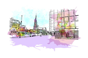 Building view with landmark of Gelsenkirchen is a city in western Germany. Watercolor splash with hand drawn sketch illustration in vector.