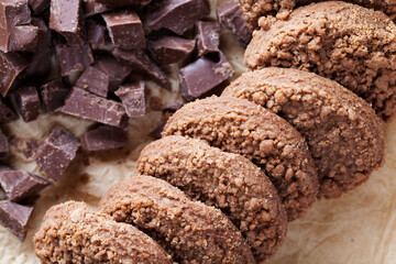 chocolate cookies close-up on an old kitchen table