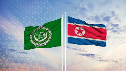 Arab League and North Korea two flags on flagpoles and blue sky