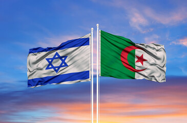 Algeria and Israel flags against of blue sky