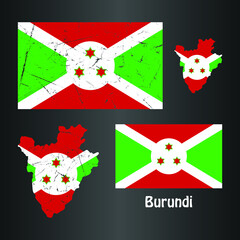 Burundi Flag with Map in grunge texture. Vector template.