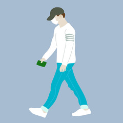 Vector illustration of Kpop street fashion. Street idols of Koreans. Kpop men's fashion idol. A guy in blue jeans and a white sweatshirt with a mask on his face.
