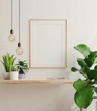 Interior poster mockup with vertical wooden frame in home interior background.