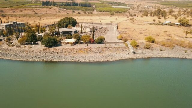 Orthodox Church of the 12 apostles. Sea of Galilee. Capernaum. Aerial view
