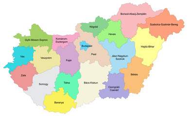 Carte de Hongrie avec représentation des divisions par comitats et Budapest - Libellés des divisions administratives en hongrois - Textes vectorisés et non vectorisés sur calques séparés