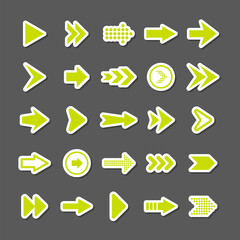 Colorful arrow stickers set. Green cursor icons, pointers collection. Simple arrows in different shapes. Next, back web signs. Vector illustration.