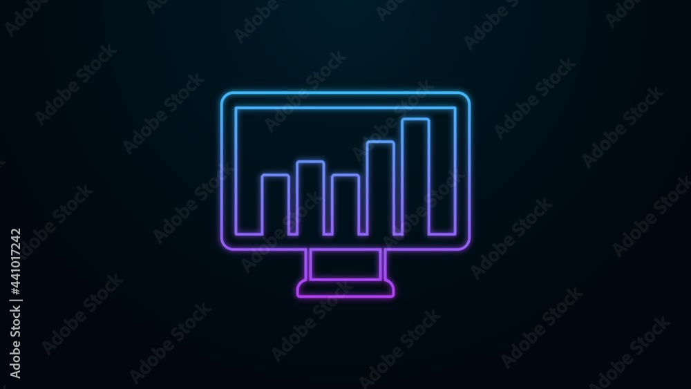 Poster Glowing neon line Computer monitor with graph chart icon isolated on black background. Report text file. Accounting sign. Audit, analysis, planning. 4K Video motion graphic animation