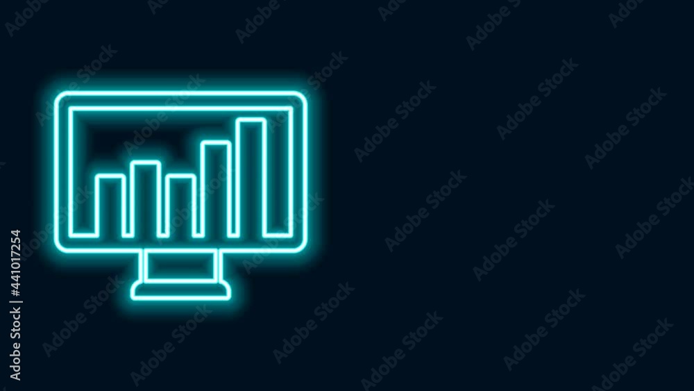 Poster Glowing neon line Computer monitor with graph chart icon isolated on black background. Report text file. Accounting sign. Audit, analysis, planning. 4K Video motion graphic animation