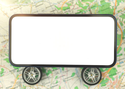 Car rental, carsharing and texi services mobile app, mobile phone mockup blank white screen, background of city map, copy space photo