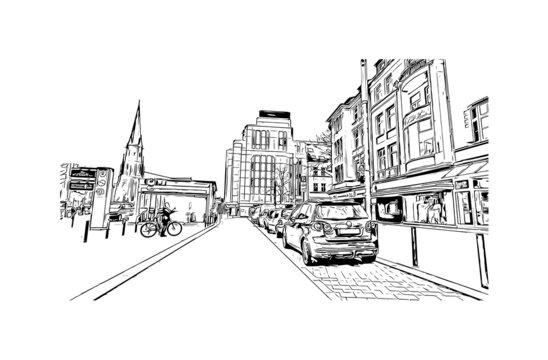 recommend clip art: Building view with landmark of Gelsenkirchen is a city in western Germany. Hand drawn sketch illustration in vector.