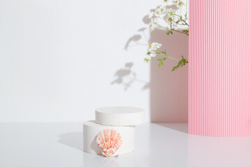 Empty cylindrical podium or plinth with chamomile flowers and seashell on a white background. Blank...
