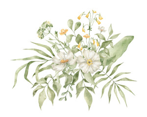 Fototapeta na wymiar Watercolor bouquet with white and yellow flowers, branches and leaves isolated on white. Summer wild flower, floral arrangements, meadow flowers