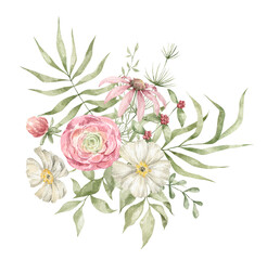 Watercolor bouquet with elegant flowers, branches and leaves isolated on white. Summer wild flower, floral arrangements, meadow flowers