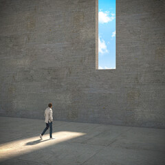 man walking towards a window in a concrete wall